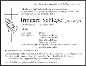 Anzeige von Irmgard Schlegel von Schwäbische Zeitung