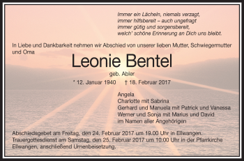 Anzeige von Leonie Bentel von Schwäbische Zeitung