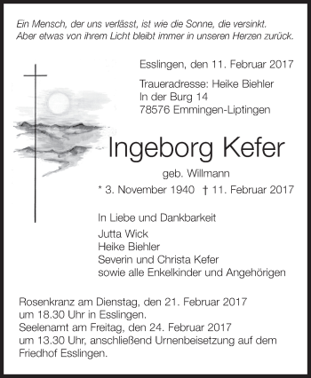 Anzeige von Ingeborg Kefer von Schwäbische Zeitung