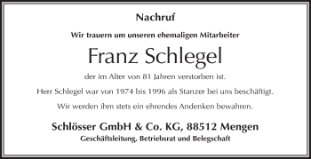 Anzeige von Franz Schlegel von Schwäbische Zeitung