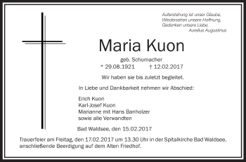 Anzeige von Maria Kuon von Schwäbische Zeitung