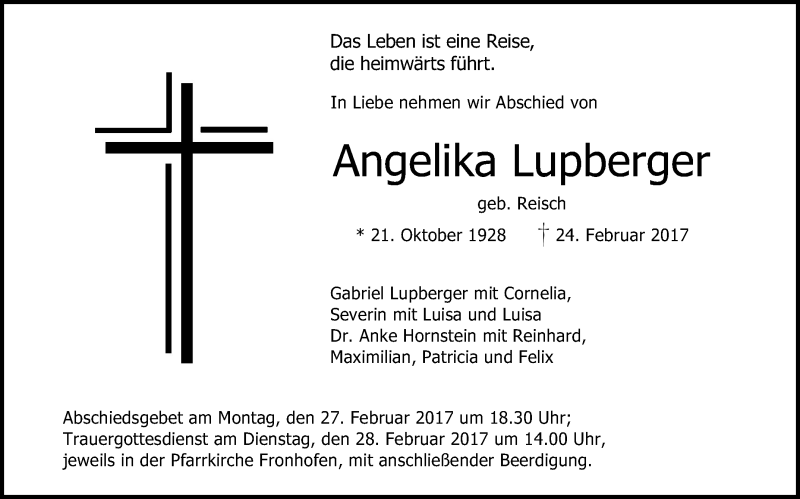 Traueranzeige für Angelika Lupberger vom 25.02.2017 aus Schwäbische Zeitung