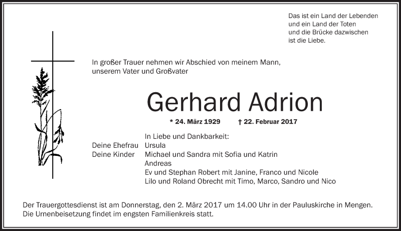  Traueranzeige für Gerhard Adrion vom 28.02.2017 aus Schwäbische Zeitung
