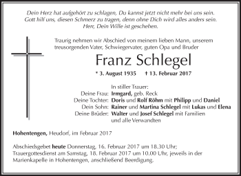 Anzeige von Franz Schlegel von Schwäbische Zeitung