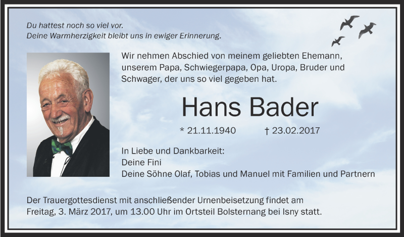  Traueranzeige für Hans Bader vom 28.02.2017 aus Schwäbische Zeitung