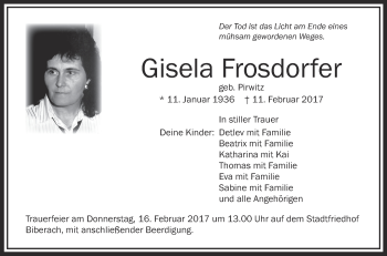 Anzeige von Gisela Frosdorfer von Schwäbische Zeitung