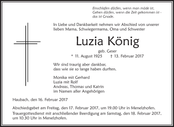 Anzeige von Luzia König von Schwäbische Zeitung