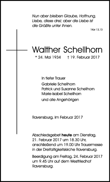 Anzeige von Walther Schellhorn von Schwäbische Zeitung