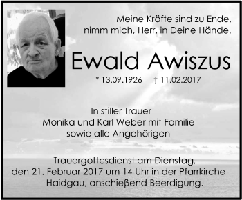 Anzeige von Ewald Awiszus von Schwäbische Zeitung