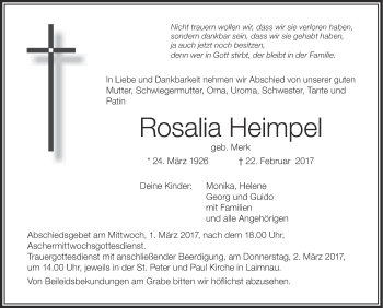 Anzeige von Rosalia Heimpel von Schwäbische Zeitung