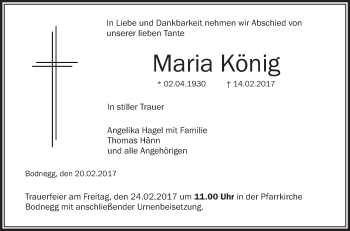 Anzeige von Maria König von Schwäbische Zeitung