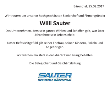 Anzeige von Willi Sauter von Schwäbische Zeitung