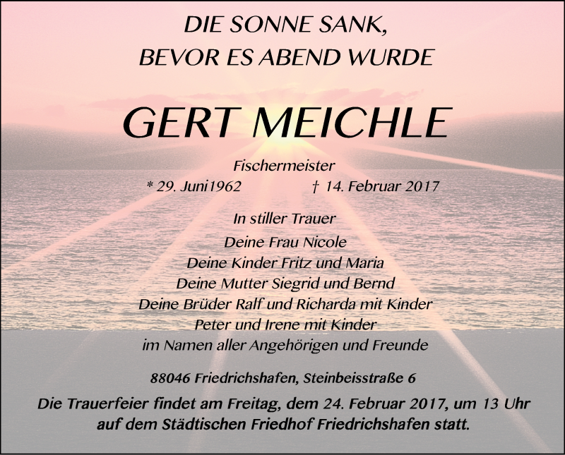  Traueranzeige für Gert Meichle vom 22.02.2017 aus Schwäbische Zeitung
