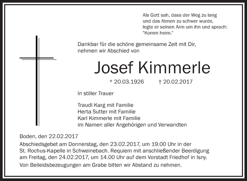  Traueranzeige für Josef Kimmerle vom 22.02.2017 aus Schwäbische Zeitung