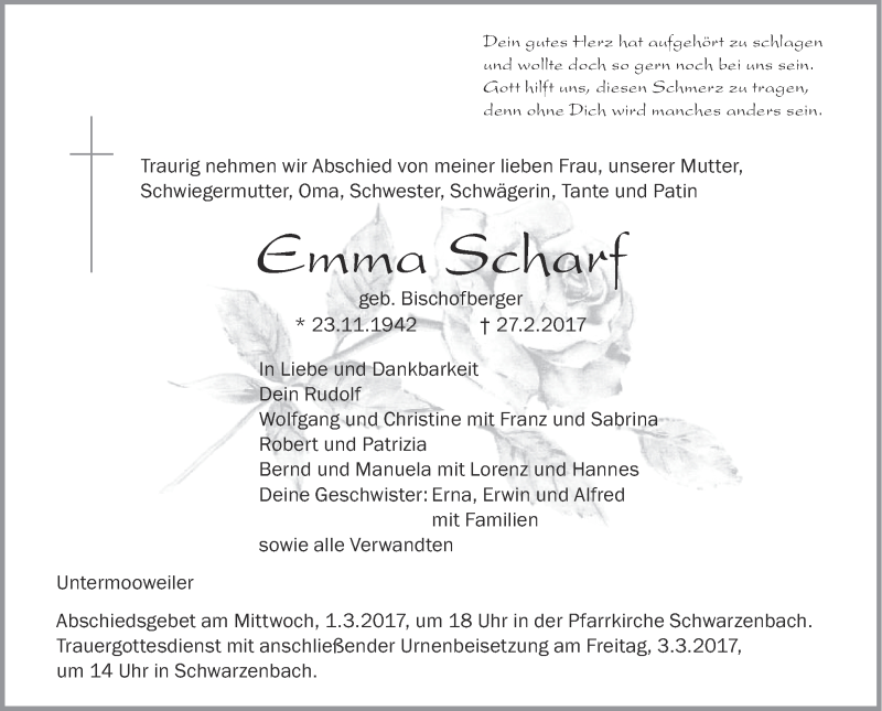  Traueranzeige für Emma Scharf vom 28.02.2017 aus Schwäbische Zeitung