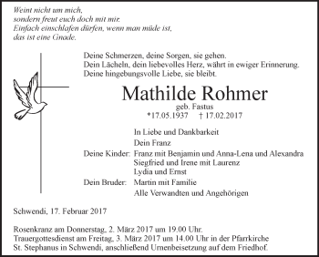 Anzeige von Mathilde Rohmer von Schwäbische Zeitung