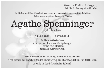 Anzeige von Agathe Spenninger von Schwäbische Zeitung