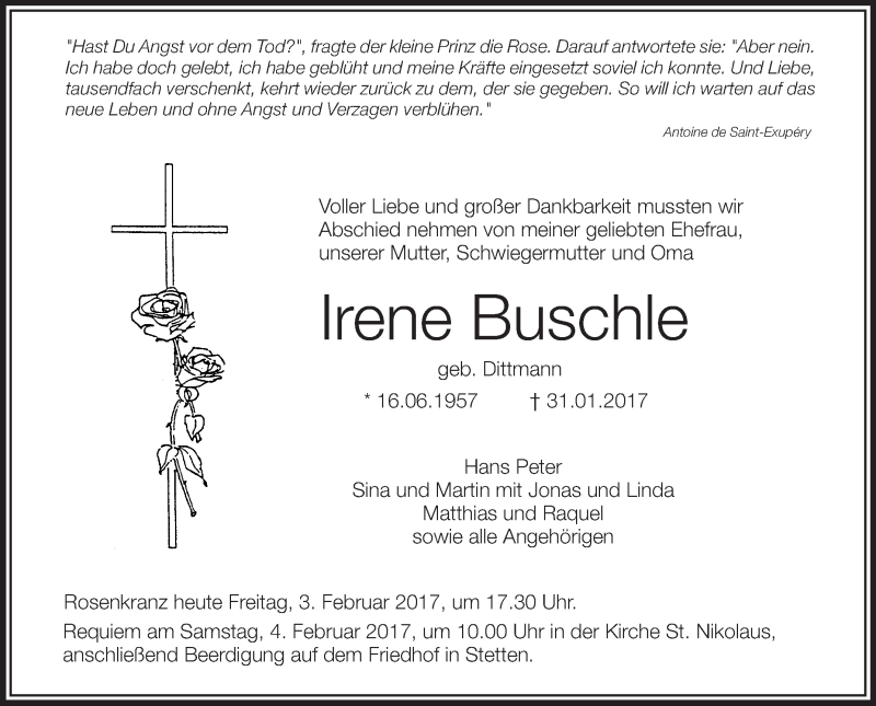  Traueranzeige für Irene Buschle vom 03.02.2017 aus Schwäbische Zeitung