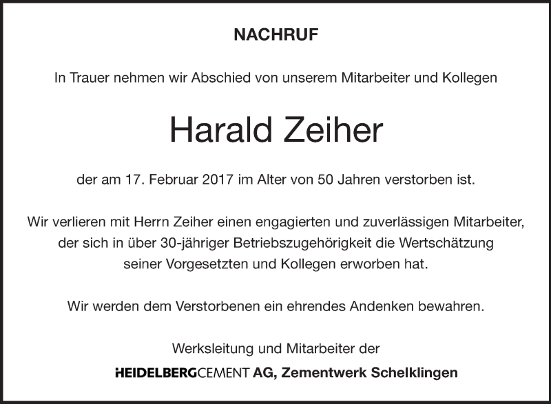  Traueranzeige für Harald Zeiher vom 24.02.2017 aus Schwäbische Zeitung