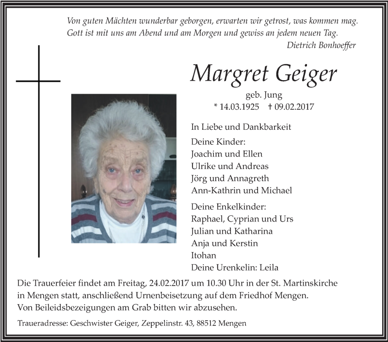  Traueranzeige für Margret Geiger vom 18.02.2017 aus Schwäbische Zeitung