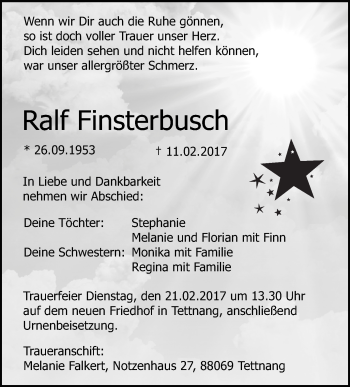 Anzeige von Ralf Finsterbusch von Schwäbische Zeitung
