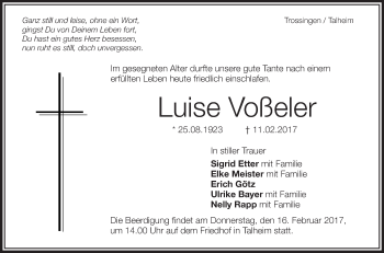 Anzeige von Luise Voßeler von Schwäbische Zeitung