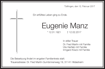 Anzeige von Eugenie Manz von Schwäbische Zeitung