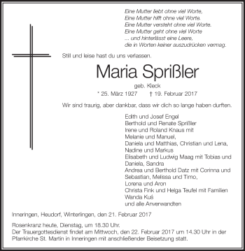 Anzeige von Maria Sprißler von Schwäbische Zeitung