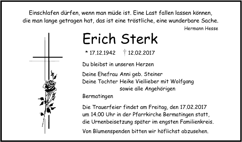  Traueranzeige für Erich Sterk vom 15.02.2017 aus Schwäbische Zeitung