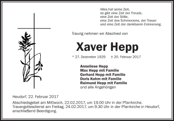 Anzeige von Xaver Hepp von Schwäbische Zeitung