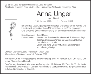 Anzeige von Anna Unger von Schwäbische Zeitung