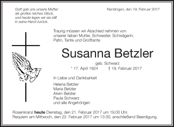 Anzeige von Susanna Betzler von Schwäbische Zeitung