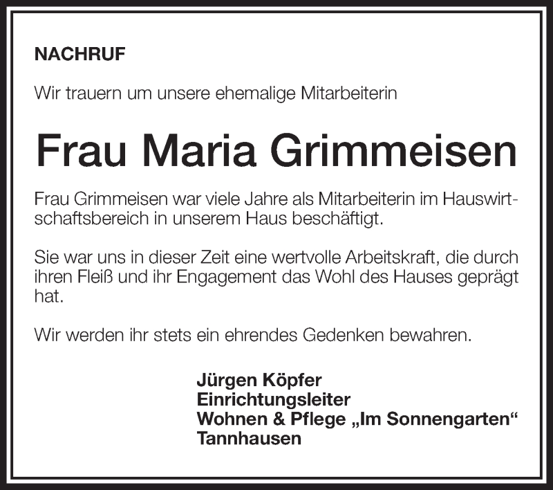  Traueranzeige für Maria Grimmeisen vom 01.02.2017 aus Schwäbische Zeitung