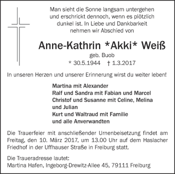 Anzeige von Anne-Kathrin Weiß von Schwäbische Zeitung