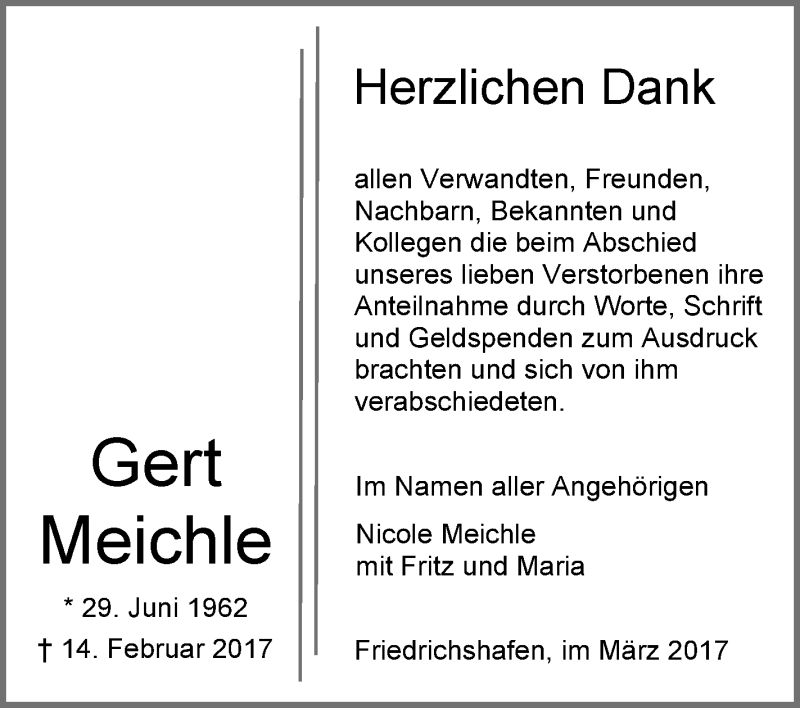  Traueranzeige für Gert Meichle vom 11.03.2017 aus Schwäbische Zeitung