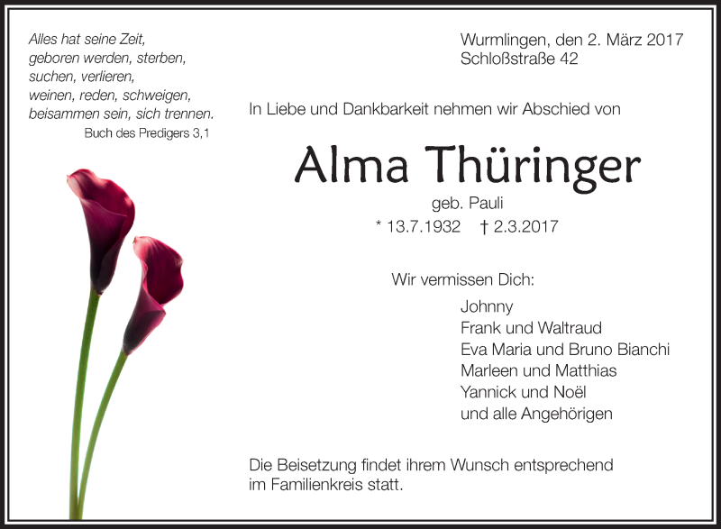  Traueranzeige für Alma Thüringer vom 04.03.2017 aus Schwäbische Zeitung