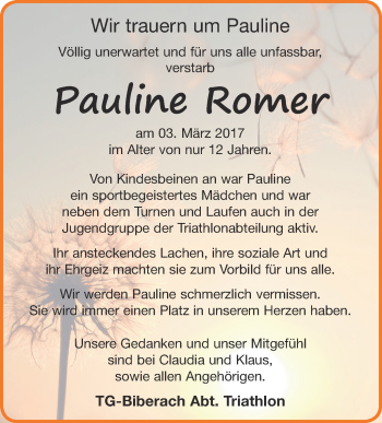 Anzeige von Pauline Romer von Schwäbische Zeitung