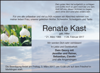 Anzeige von Renate Kast von Schwäbische Zeitung