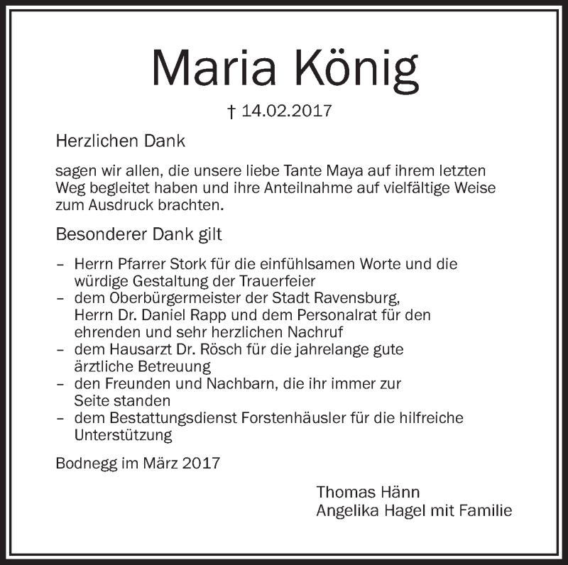  Traueranzeige für Maria König vom 11.03.2017 aus Schwäbische Zeitung