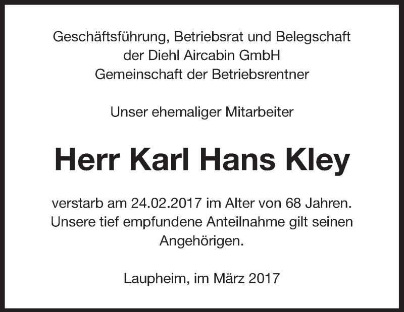  Traueranzeige für Karl Hans Kley vom 18.03.2017 aus Schwäbische Zeitung