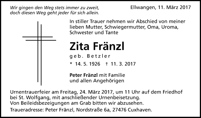 Traueranzeige für Zita Fränzl vom 21.03.2017 aus Schwäbische Zeitung