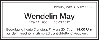 Anzeige von Wendelin May von Schwäbische Zeitung