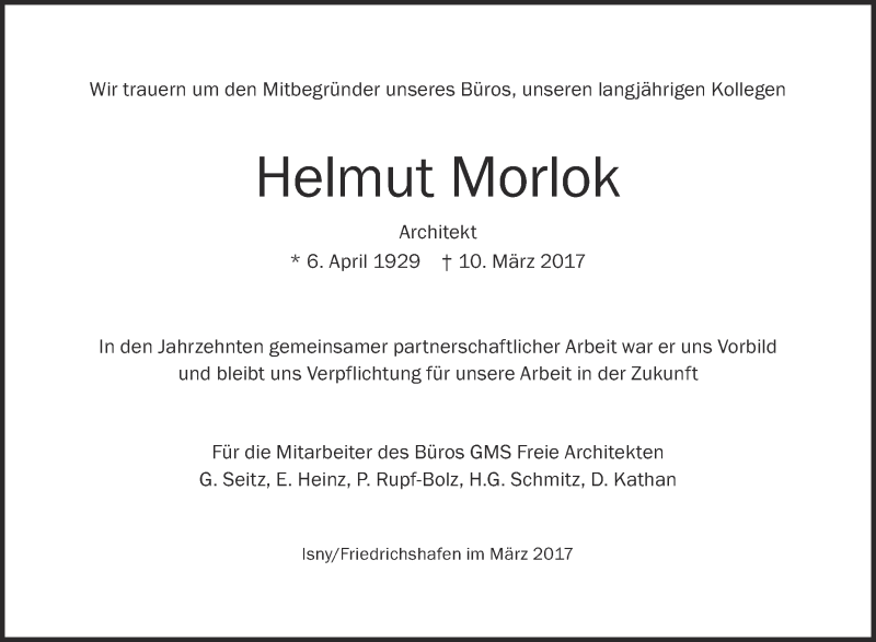  Traueranzeige für Helmut Morlok vom 18.03.2017 aus Schwäbische Zeitung