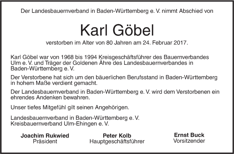 Traueranzeige für Karl Göbel vom 03.03.2017 aus Schwäbische Zeitung