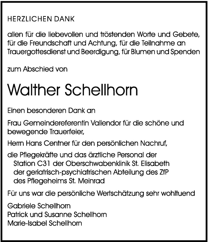  Traueranzeige für Walther Schellhorn vom 06.03.2017 aus Schwäbische Zeitung