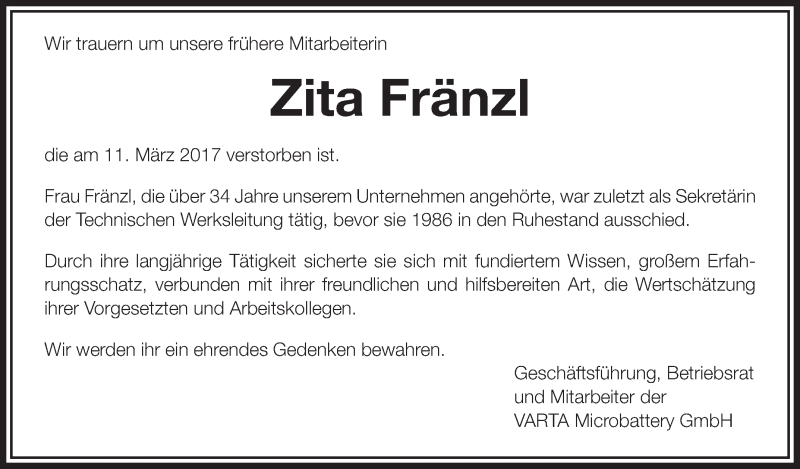  Traueranzeige für Zita Fränzl vom 22.03.2017 aus Schwäbische Zeitung