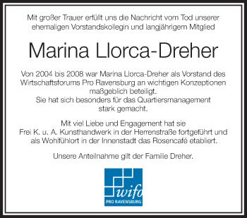Anzeige von Marina Llorca-Dreher von Schwäbische Zeitung