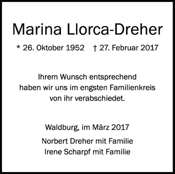Anzeige von Marina Llorca-Dreher von Schwäbische Zeitung