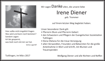 Anzeige von Irene Diener von Schwäbische Zeitung