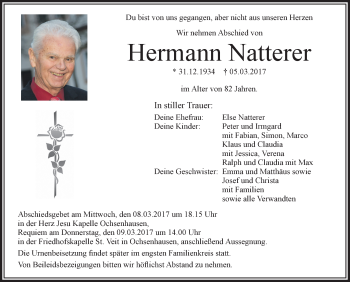 Anzeige von Hermann Natterer von Schwäbische Zeitung